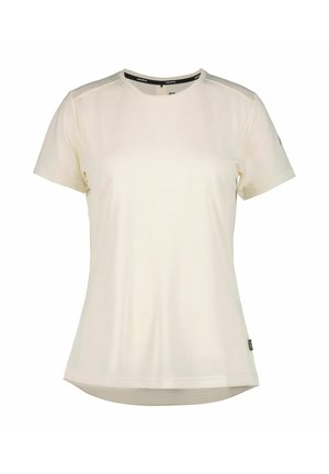 Hellbeiges Kurzarm-T-Shirt aus atmungsaktivem Stoff, mit rundem Ausschnitt, dezentem Strukturmuster und einem Logo auf dem Ärmel.