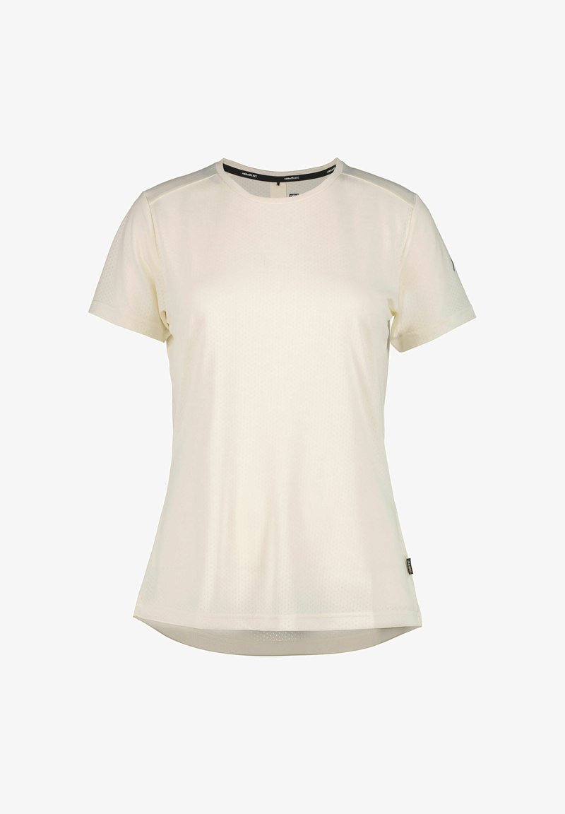 T-shirt beige chiaro a maniche corte in tessuto traspirante, con scollo rotondo, sottile motivo a trama e logo sulla manica.