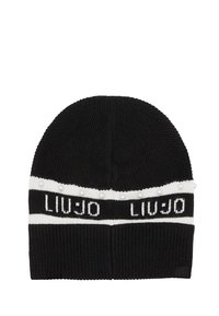 Berretto di maglia nera con fascia bianca che presenta il testo "LIU JO" e piccole perline simili a perle distribuite uniformemente lungo la fascia.