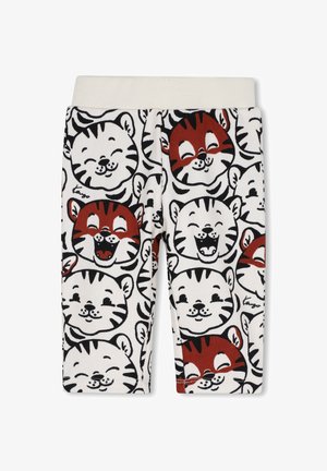 Pantalon pour enfants avec une ceinture blanche présentant un motif répétitif de visages de tigres souriants dessinés en blanc et marron.