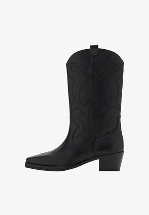Cizmă de cowboy din piele neagră, cu modele decorative cusute, vârf ascuțit și toc mic bloc, văzută din lateral pe fundal alb.