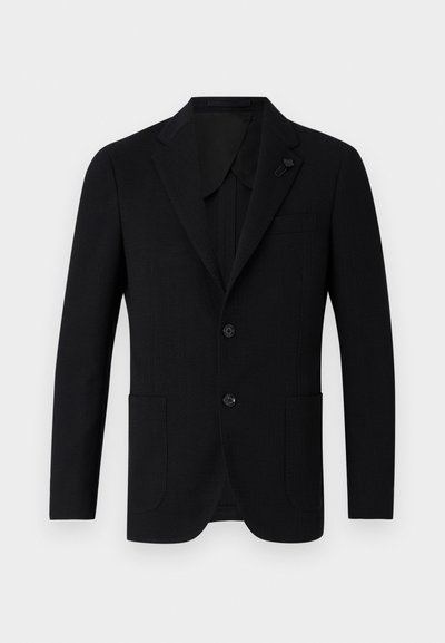 Black blazer made of textured fabric, featuring a notched lapel, two buttons, two front pockets, and a subtle flower-shaped pin accent.