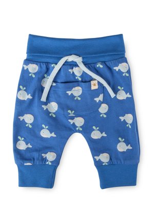 Blaue Kleinkinderhose mit Wal-Aufdruck, elastischem Bund, Vordertasche und weißem Kordelzug.