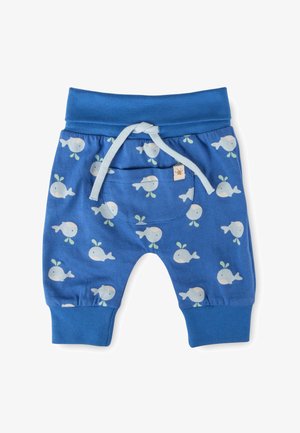Blaue Kleinkinderhose mit Wal-Aufdruck, elastischem Bund, Vordertasche und weißem Kordelzug.