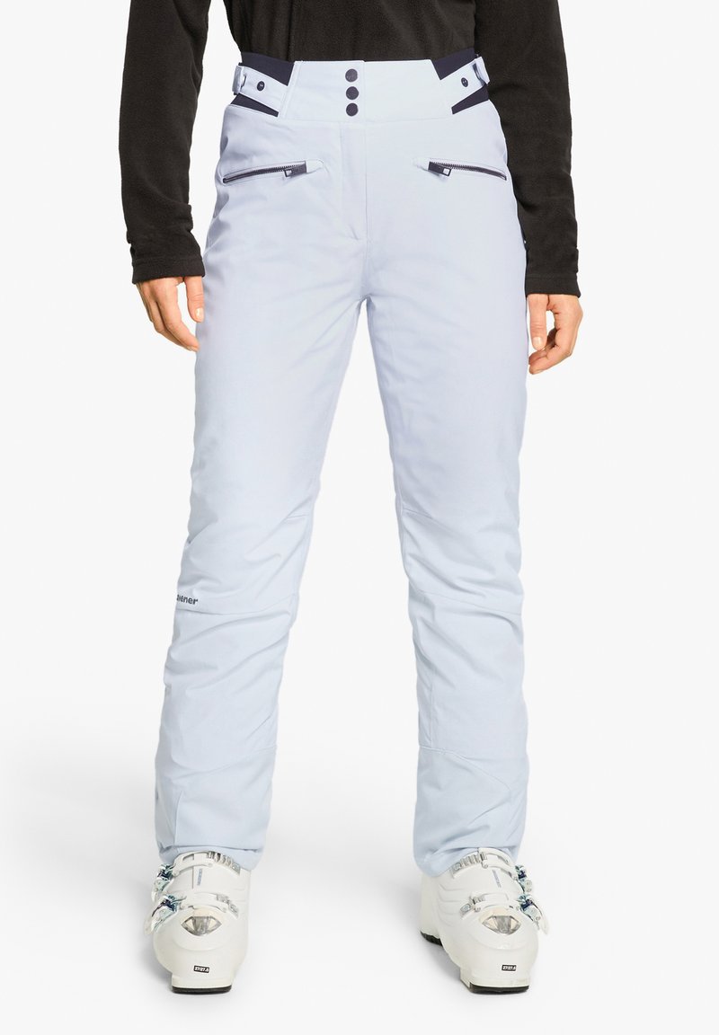 Helle blaue Skihosen mit hohem Bund, Reißverschlusstaschen und kontrastierenden marineblauen Akzenten. Hergestellt aus einem glatten, wasserabweisenden Material.