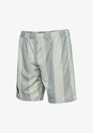 Szare szorty sportowe z geometrycznym wzorem. Wykonane z lekkiego materiału, z elastycznym paskiem w talii i akcentami w bocznych panelach.