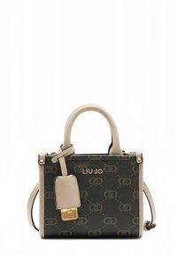 Sac à main structuré avec un motif de logo vert foncé, accents beige, poignées supérieures et bandoulière amovible ; détails en métal doré.