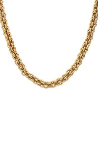 Gouden ketting met in elkaar grijpende schakels. Dikke, gestructureerde ontwerp met afwisselend gladde en gedraaide secties.