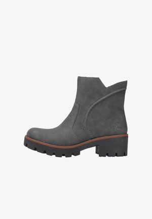 Grauer Leder-Ankle-Boot mit runder Zehenform, V-förmigem Ausschnitt und robuster schwarzer Gummisohle mit strukturiertem Profil. Schlichte Nähte.