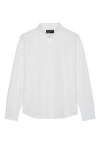 Camicia bianca a maniche lunghe con bottoni, realizzata in tessuto liscio, caratterizzata da un colletto classico e bottoni simili a perle lungo la parte anteriore.