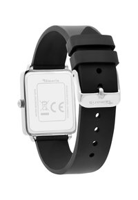 Quadratische Armbanduhr aus Edelstahl mit schwarzem Gummiband. Zu den Merkmalen gehören eine silberne Schnalle, Wasserbeständigkeit und mehrere Einstelllöcher.