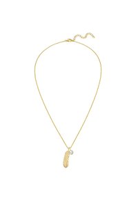 Zlato-barvna verižica s obeskom v obliki peresa in majhnim prozornim kamnom. Veriga je tanka in ima zaponko z nastavljivo dolžino.