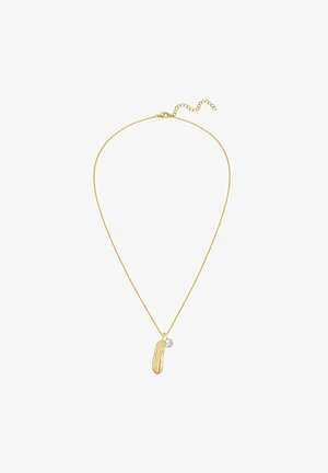 Zeltīta kaklarota ar spalvas piekariņu un nelielu caurspīdīgu akmeni. Savienojums ir smalks un tam ir aizdare ar regulējamu garumu.