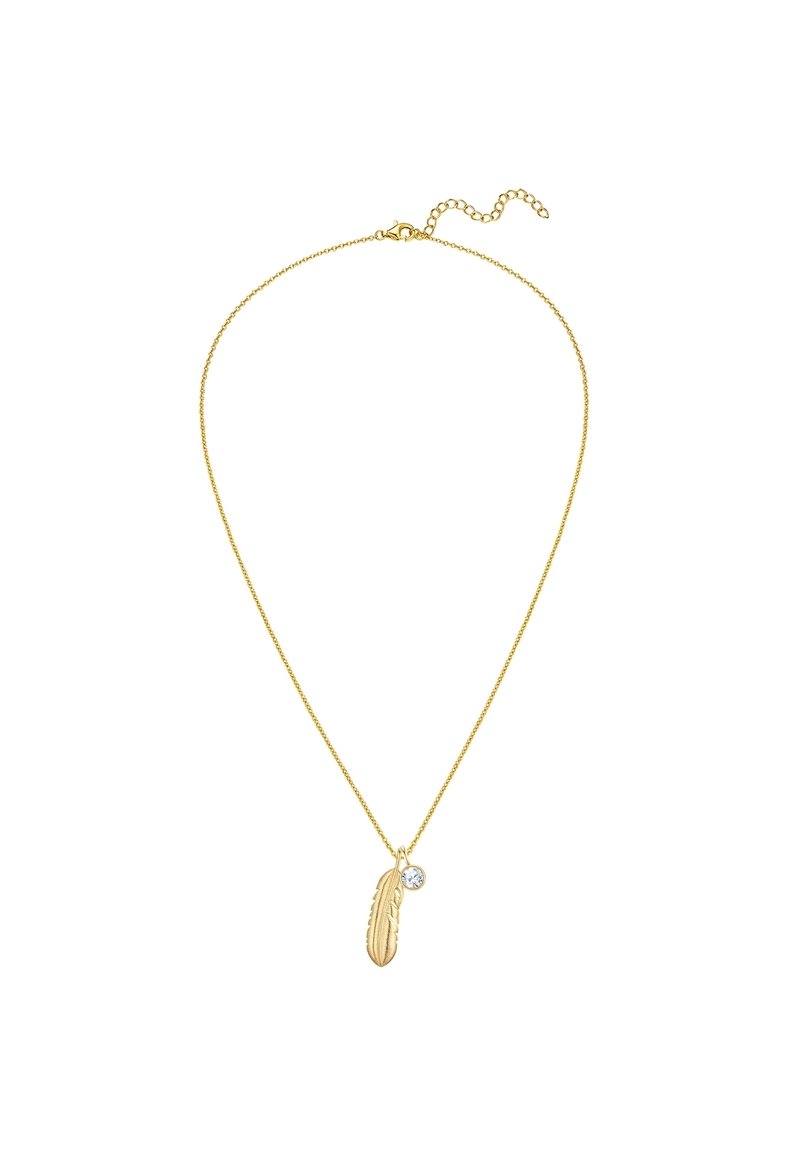 Zlato-barvna verižica s obeskom v obliki peresa in majhnim prozornim kamnom. Veriga je tanka in ima zaponko z nastavljivo dolžino.