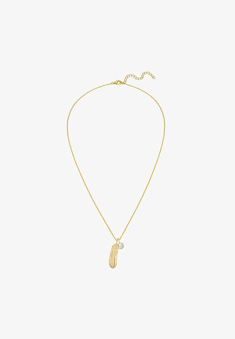 Zlato-barvna verižica s obeskom v obliki peresa in majhnim prozornim kamnom. Veriga je tanka in ima zaponko z nastavljivo dolžino.