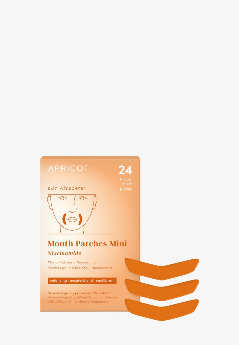 Abrikozen Mondpleisters Mini, 24 stuks. Oranje verpakking met minimalistisch ontwerp, met een illustratie van een gezicht en drie oranje pleisters.