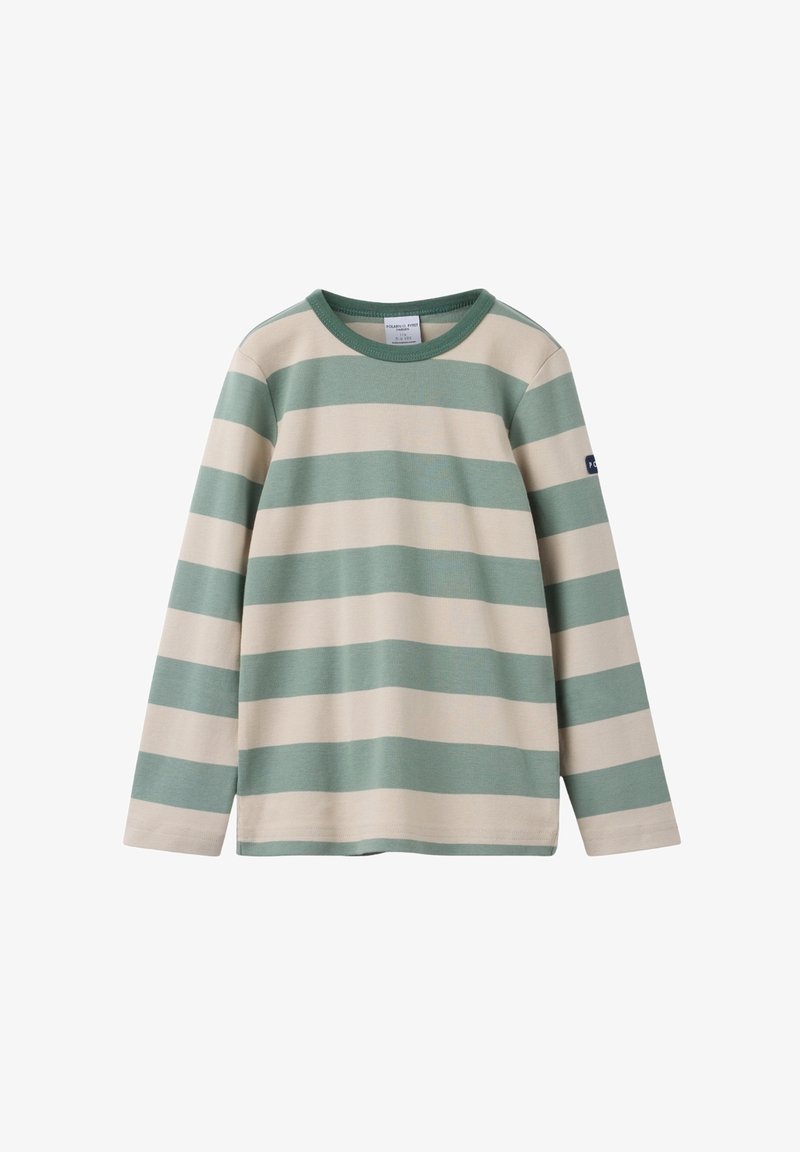 Langarmshirt in roomkleurige en salie groene strepen. Zacht katoenen materiaal, ronde halslijn en een klein logoaccent op de mouw.