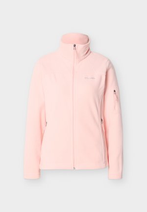 Gaiši rozā vilnas jaka ar pilnu priekšpuses rāvējslēdzi, augstu apkakli, divām sānu kabatām ar rāvējslēdzējiem un rāvējslēdzēja kabatu uz kreisā piedurknes.