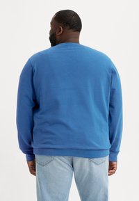 Blue sweatshirt with long sleeves, a round neck, and a smooth texture. Paired with light denim jeans. Rear view of a person wearing it.
