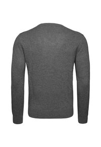 Maglione grigio a maniche lunghe con scollatura rotonda, realizzato in morbido materiale lavorato a maglia. Presenta una texture liscia e un design aderente.