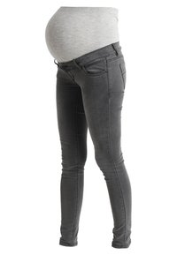 Jeans de maternidad en denim gris oscuro con una suave cinturilla elástica gris, que presentan un diseño ajustado y un estilo tradicional de cinco bolsillos.