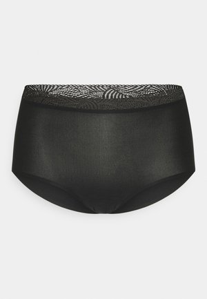 Sous-vêtements noirs en coupe brief, présentant une texture lisse et une taille ornée de dentelle avec un motif géométrique. Design simple et classique.