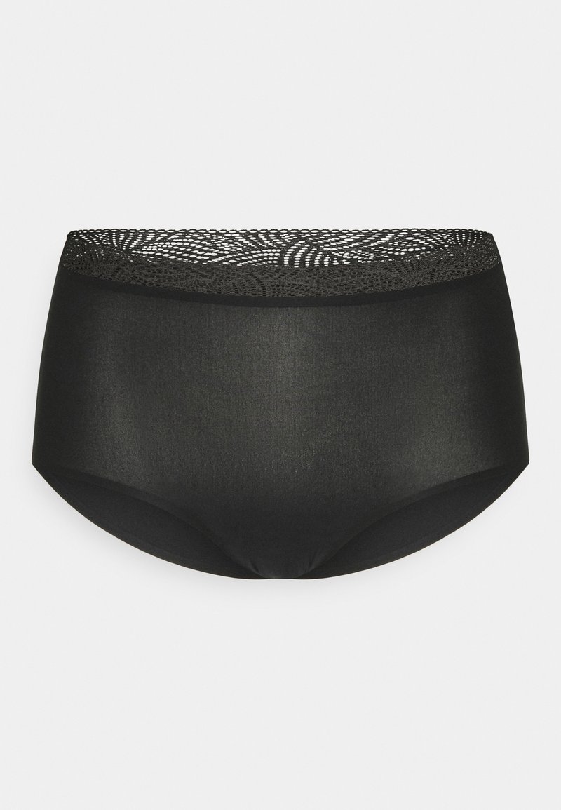 Black brief underwear featuring a smooth texture and a lace-accented waistband with a geometric pattern. Simple, classic cut design.