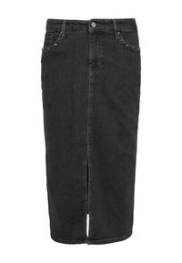 Jupe en denim noir à coupe droite, avec une fente à l'avant et des accents cloutés sur les poches. Dispose d'une fermeture à bouton et de passants pour la ceinture.
