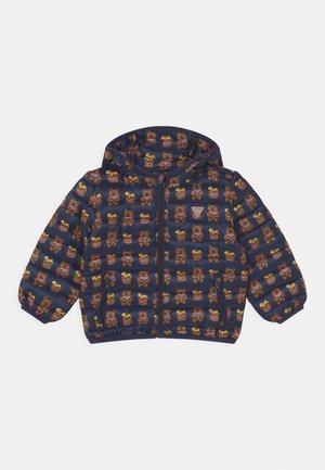 Doudoune bleu marine pour enfant avec capuche, recouverte d'un motif d'ours en peluche et de pots de miel, fermeture éclair devant et poches latérales zippées.