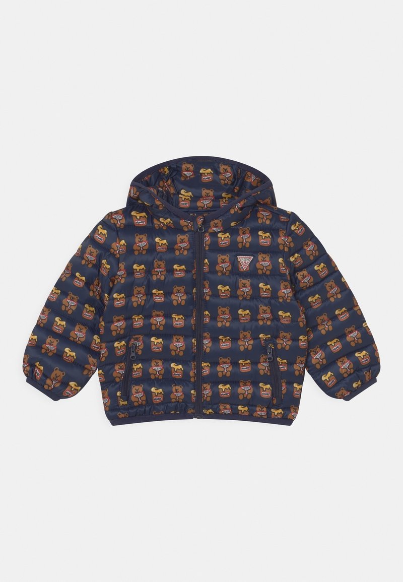 Doudoune bleu marine pour enfant avec capuche, recouverte d'un motif d'ours en peluche et de pots de miel, fermeture éclair devant et poches latérales zippées.