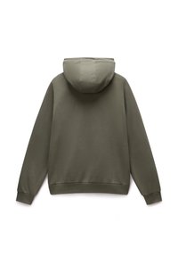 Felpa con cappuccio in verde oliva, caratterizzata da una vestibilità rilassata, una texture morbida, polsini a costine e una tasca a marsupio. Tessuto liscio con dettagli minimi.