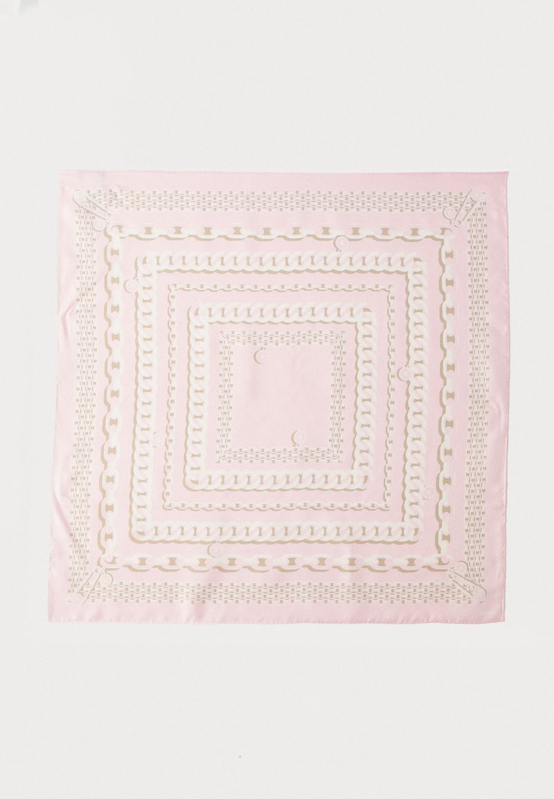 Pink silk scarf featuring a geometric chain pattern with cream accents, bordered with intricate designs and a smooth, shiny texture.