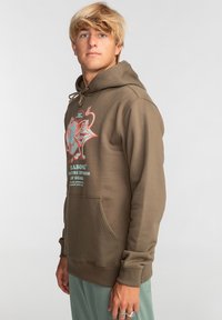 Brown hoodie with a drawstring, kangaroo pocket, and printed design in teal and red. Made of soft material, featuring ribbed cuffs and hem.