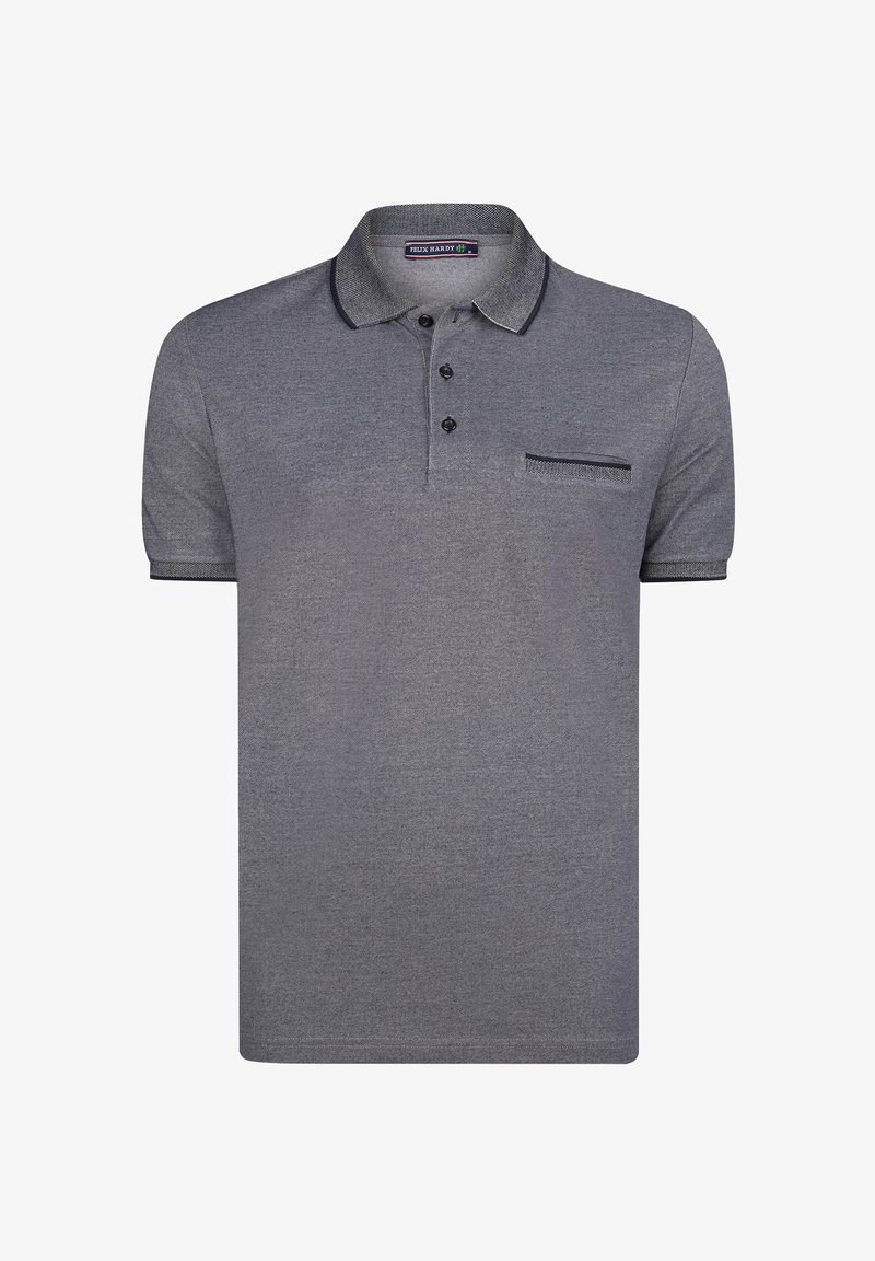 Šedé polo tričko s texturovanou látkou, krátkými rukávy, tříknoflíkovou légou a náprsní kapsou s tmavým lemem.