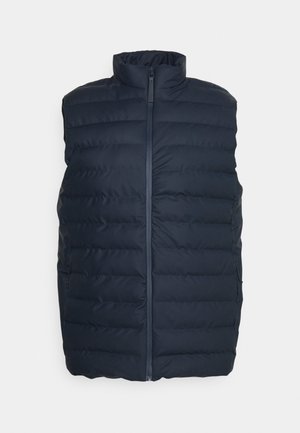 Marineblaue gesteppte ärmellose Steppweste mit vorderem Reißverschluss und hohem Kragen, entworfen für Wärme und lässiges Tragen.