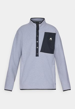 Fleece pullover in light gray with navy accents. Features a half-button placket, chest pocket, and contrasting cuff and hem detailing.