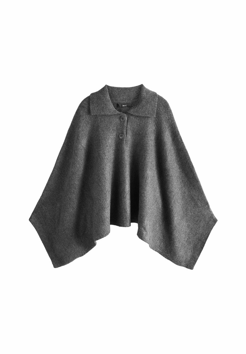 Poncho en laine grise avec un col, muni d'une fermeture à bouton au niveau du cou, et une forme fluide et ample. Texture douce sans motifs visibles.