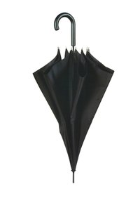 Schwarzer Regenschirm mit einem gebogenen Griff und acht gleichmäßig verteilten Streben, aus einem wasserdichten Stoff gefertigt und mit einer glatten Außenbeschaffenheit.