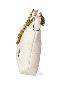 Borsa a tracolla in ecopelle bianca trapuntata con catena dorata e forma rettangolare. Presenta una chiusura con zip e un'etichetta laterale per il brand.
