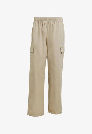 Bež kroko hlače s elastičnim pojasom, dva bočna džepa i mali izvezeni logo naprijed. Glatka tekstura tkanine.