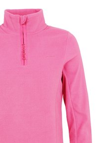 Polaire rose avec fermeture éclair au quart et col montant, arborant un discret logo "protest" sur la poitrine et la fermeture éclair.