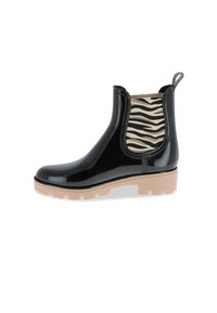 Botas chelsea negras impermeables con un acabado brillante, panel lateral elástico a rayas y una suela de goma beige con detalles texturizados.