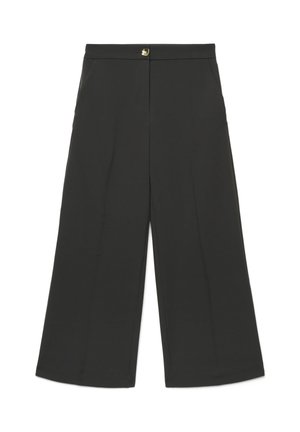Black wide-leg trousers with high waist and gold button closure at the top center front, flat front design, no visible pockets.