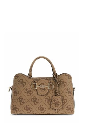 Brown Guess handbag with monogram pattern, gold-tone buckle detail, top handles, and attached keychain tag.