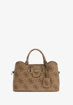 Brown Guess handbag with monogram pattern, gold-tone buckle detail, top handles, and attached keychain tag.