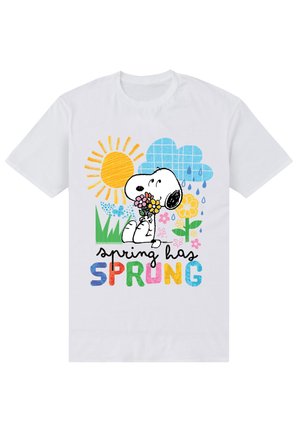 Snoopy holding flowers with sun, rain, and flowers around, text "spring has SPRUNG" in colorful letters on white T-shirt.