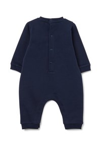 Mono de algodón azul marino con mangas largas, cuello redondo, cierre de botones a presión en la parte posterior y puños ajustados en los tobillos.