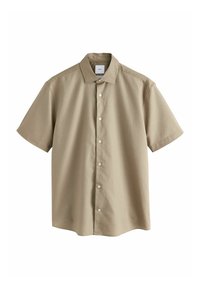 Chemise beige à manches courtes avec col pointu et boutons blancs, présentée sur un fond blanc uni.