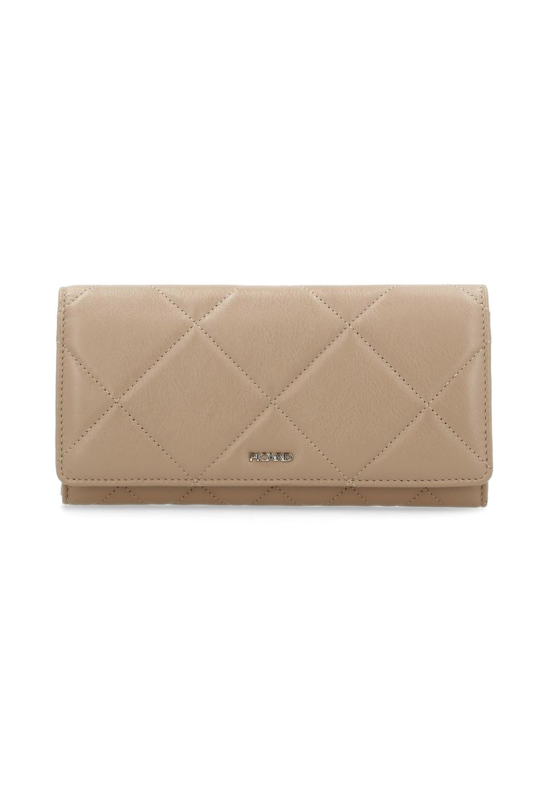 Beige quilted leather wallet with a smooth texture, featuring a front flap and a silver logo accent. Rectangular shape.