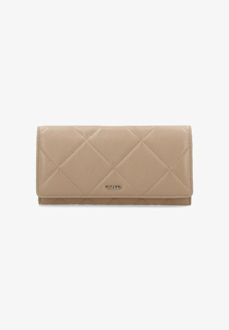 Beige quilted leather wallet with a smooth texture, featuring a front flap and a silver logo accent. Rectangular shape.